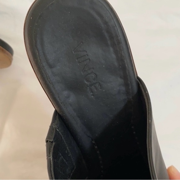 Vince Black Leather Mules Slip On Sandals Natural Wood Wedge Heels US7.5 - Picture 9 of 12